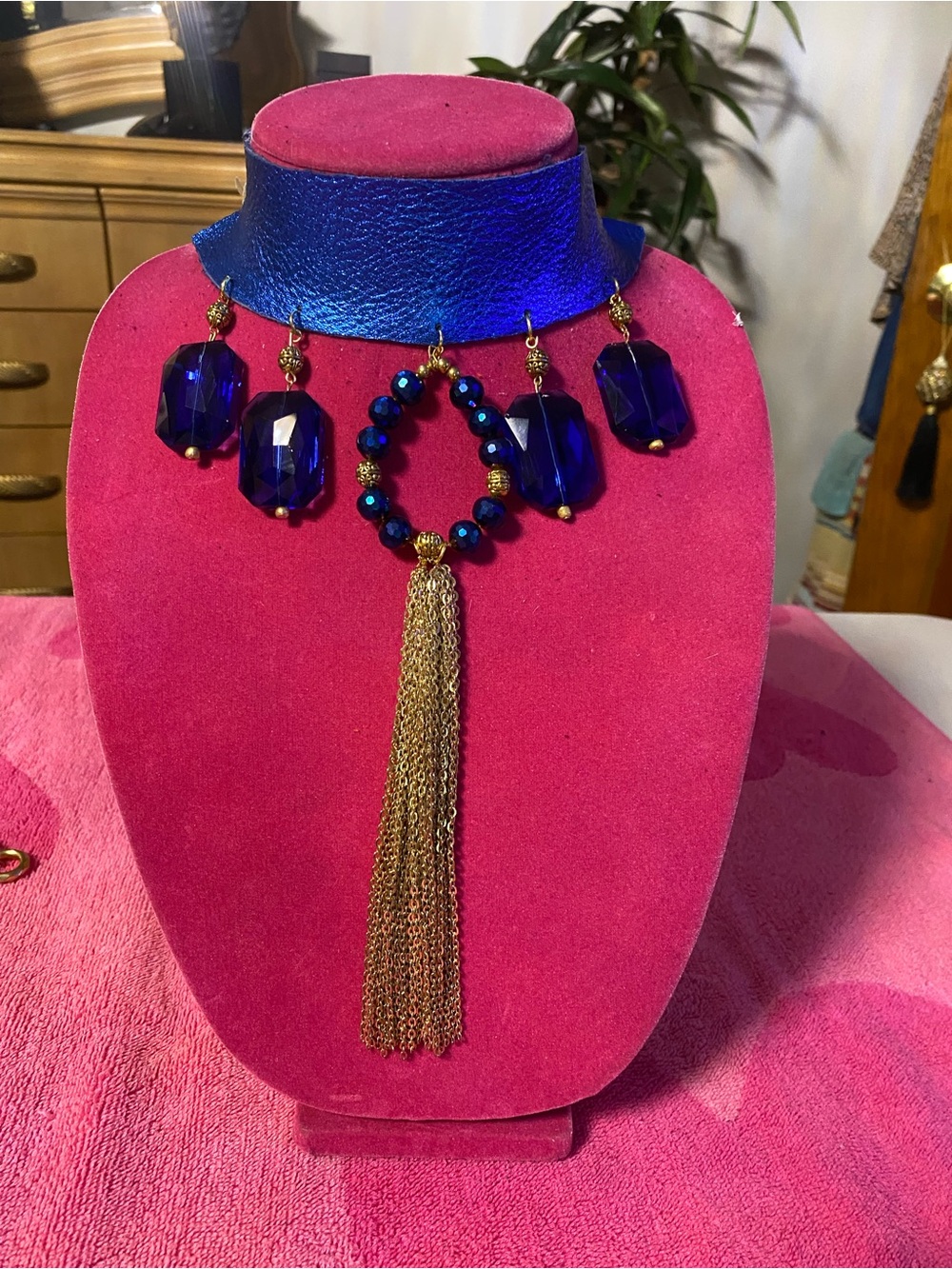 Blue Crystal Tassel Statement Necklace